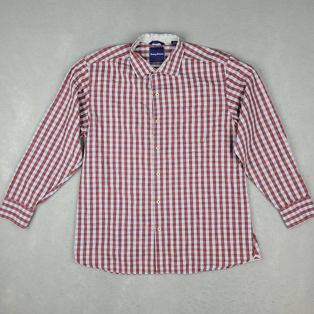 Tommy Bahama‎ Shirt Men's Large Red Blue Plaid Silk Cotton Long Sleeve Button Up